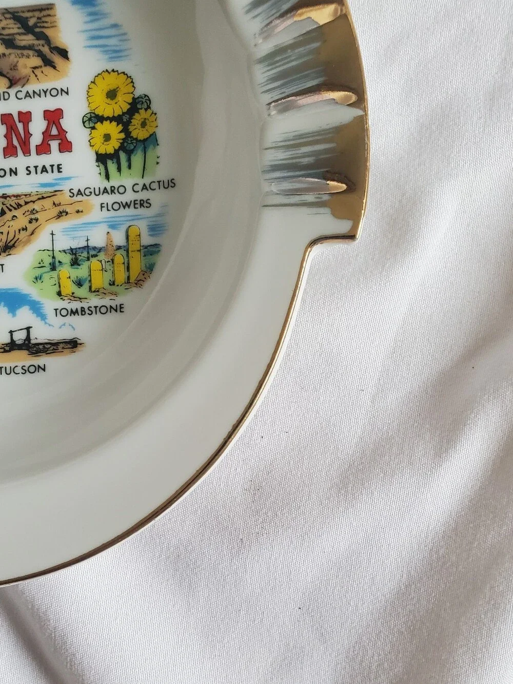 Arizona The Grand Canyon State Vtg Souvenir Decorative Ashtray Plate Gold Trim